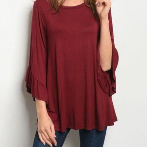 Watermelon Small Blouse Scoop Neck Raw Hem Belle Sleeve Career Classic Top
